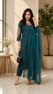 Teal Blue Silk Blend Stitched Set Set
