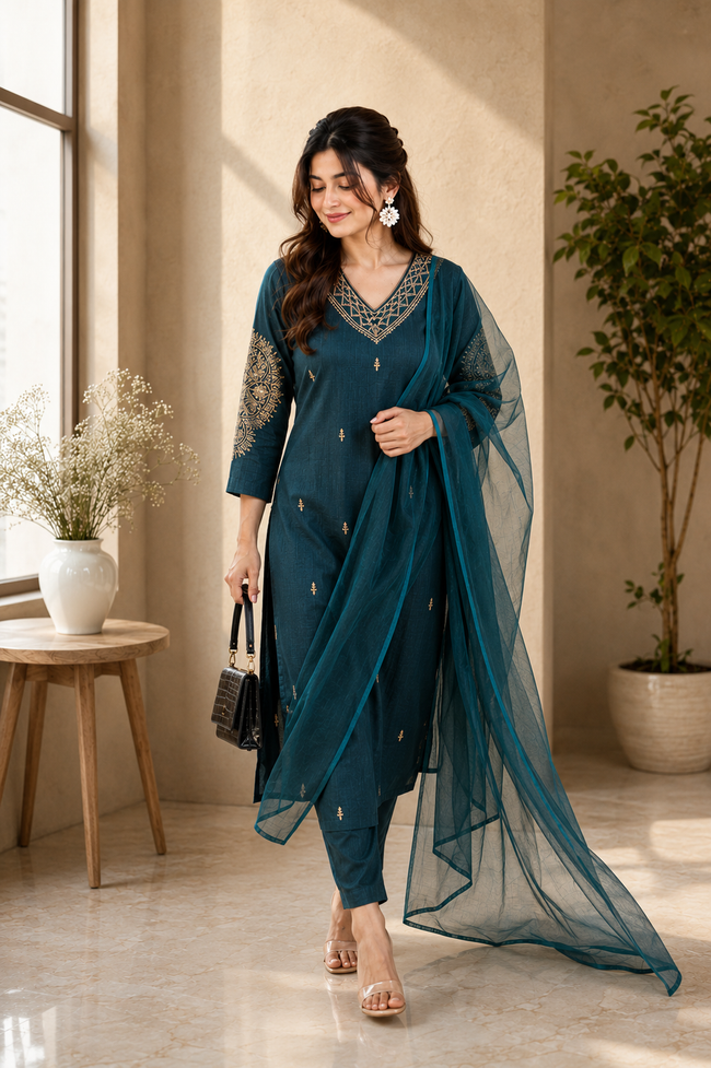Teal Blue Silk Blend Stitched Set Set