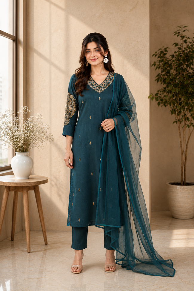 Teal Blue Silk Blend Stitched Set Set
