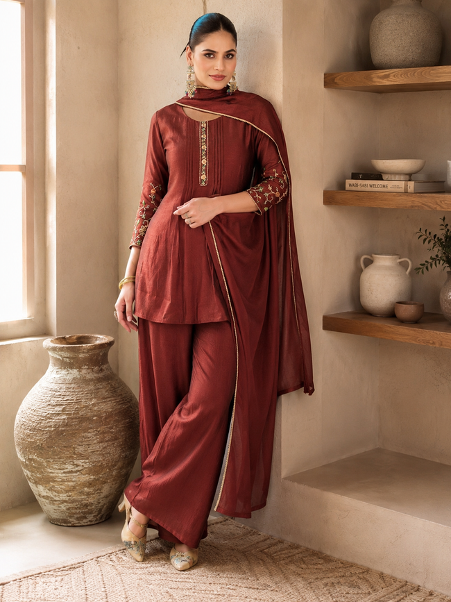 Rust Brown Vichitra Silk Stitched Suit