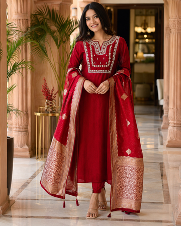 Red Banarasi Jacquard Silk Stitched Suit