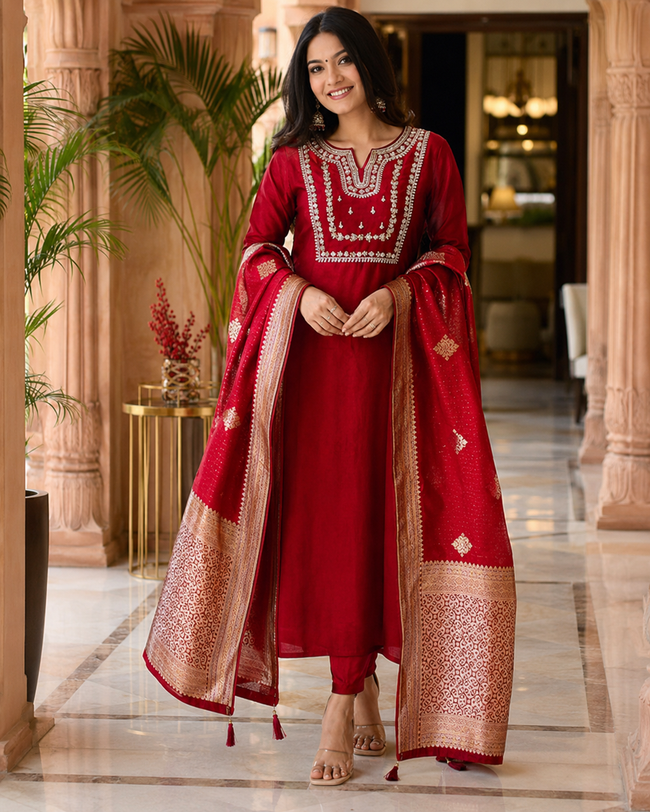 Red Banarasi Jacquard Silk Stitched Suit