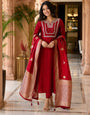 Red Banarasi Jacquard Silk Stitched Suit