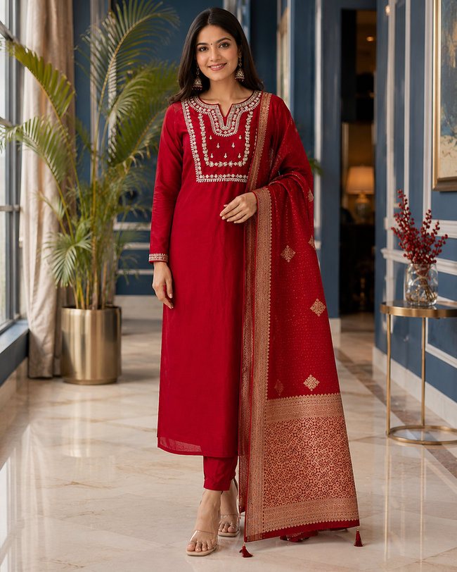 Red Banarasi Jacquard Silk Stitched Suit