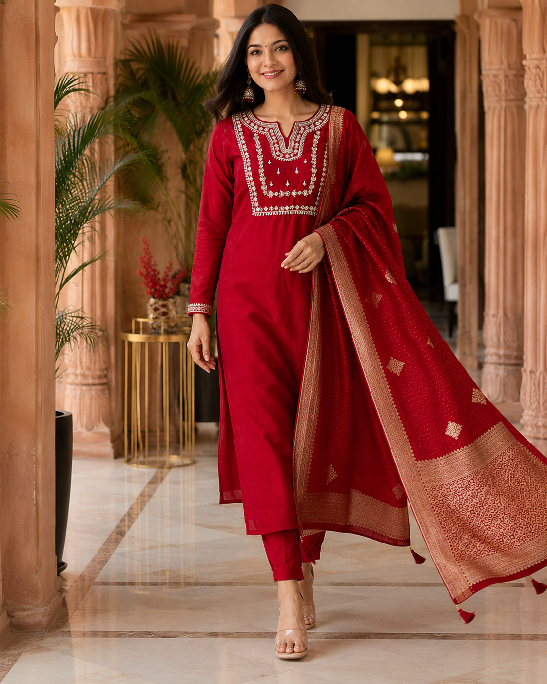 Red Banarasi Jacquard Silk Stitched Suit