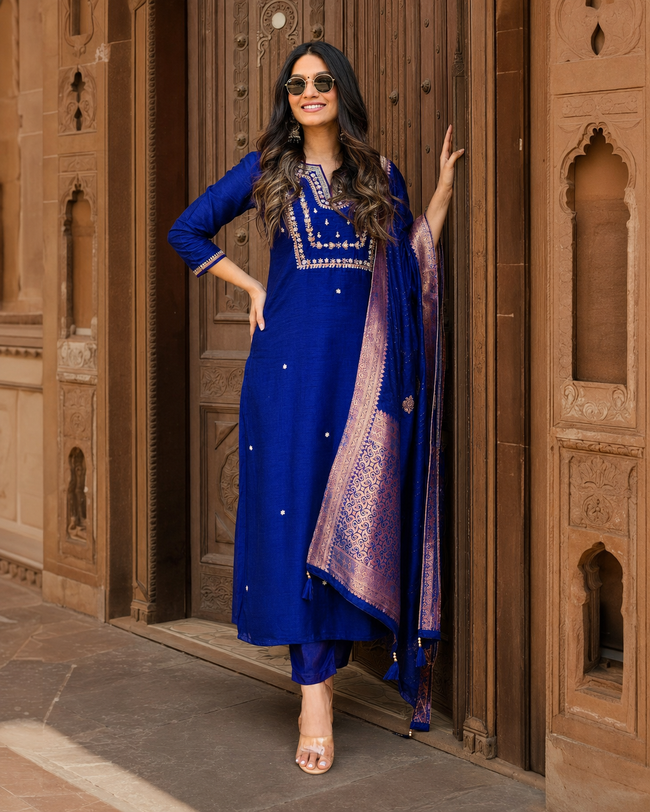 Royal Blue Banarasi Jacquard Silk Stitched Suit