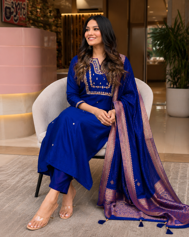 Royal Blue Banarasi Jacquard Silk Stitched Suit