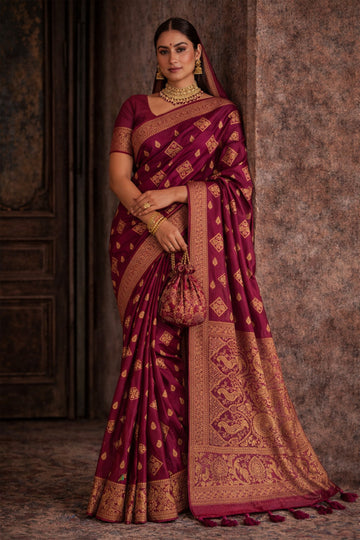 Wine Pure Banarasi Silk Saree