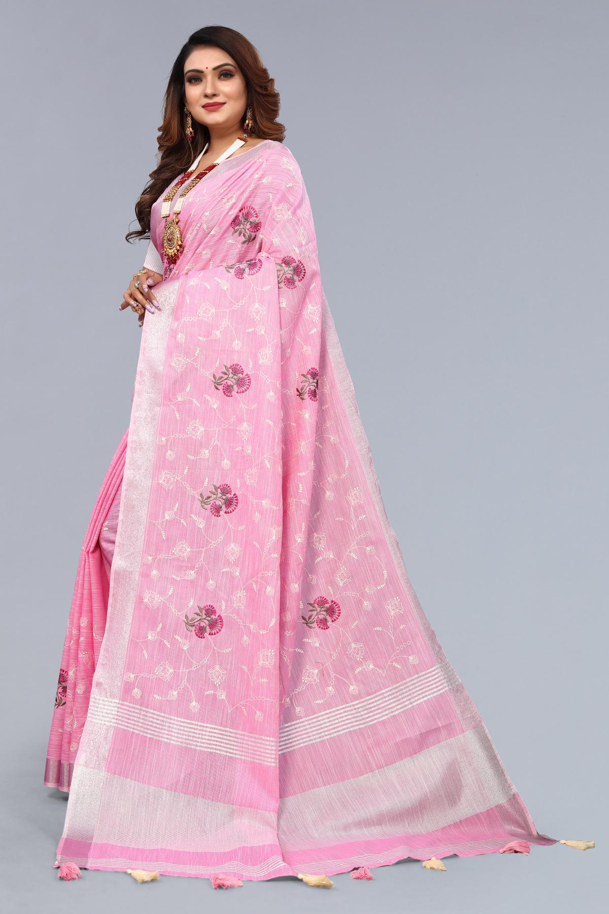 Cotton Linen Embroidered Sarees for Women