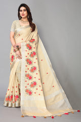 Cream Cotton Silk Saree With Embroidered Gold Zari Pallu 2024