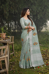 Bottle Green Linen Silk Saree