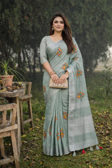 Bottle Green Linen Silk Saree