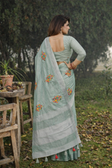 Bottle Green Linen Silk Saree