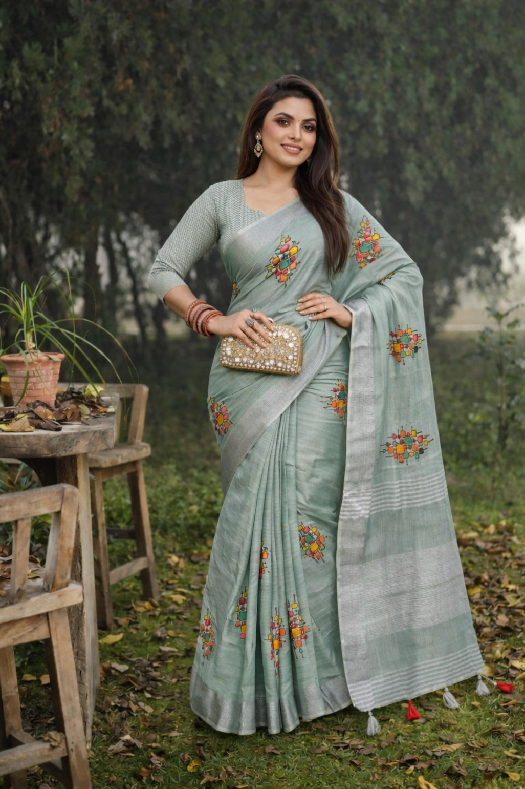 Bottle Green Linen Silk Saree