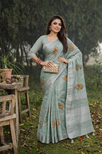 Bottle Green Linen Silk Saree