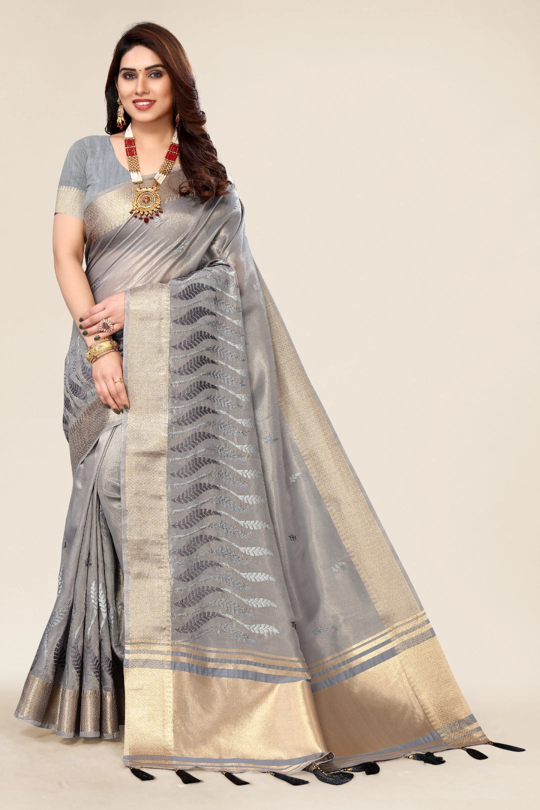Grey Designer Embroidery Saree Secondary image