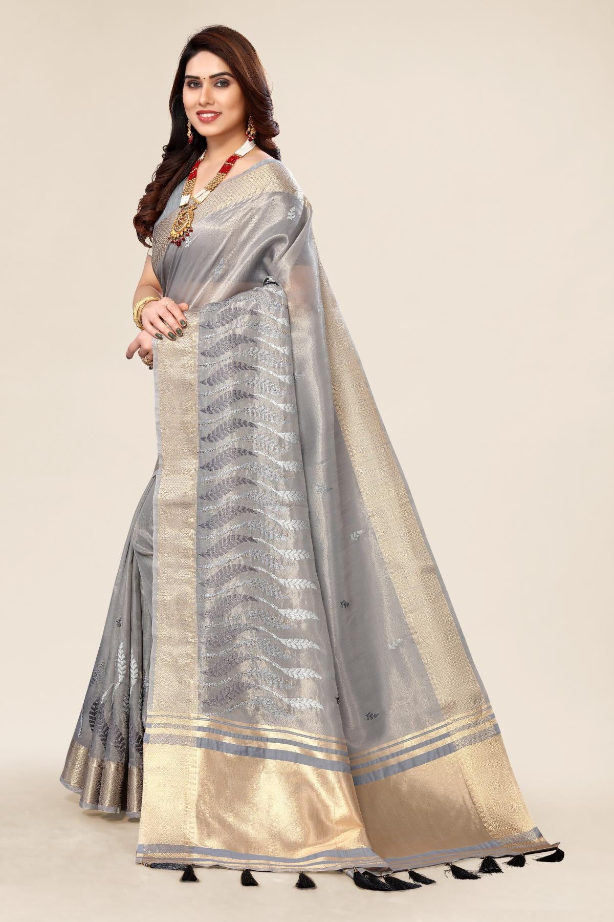 Grey Designer Embroidery Saree