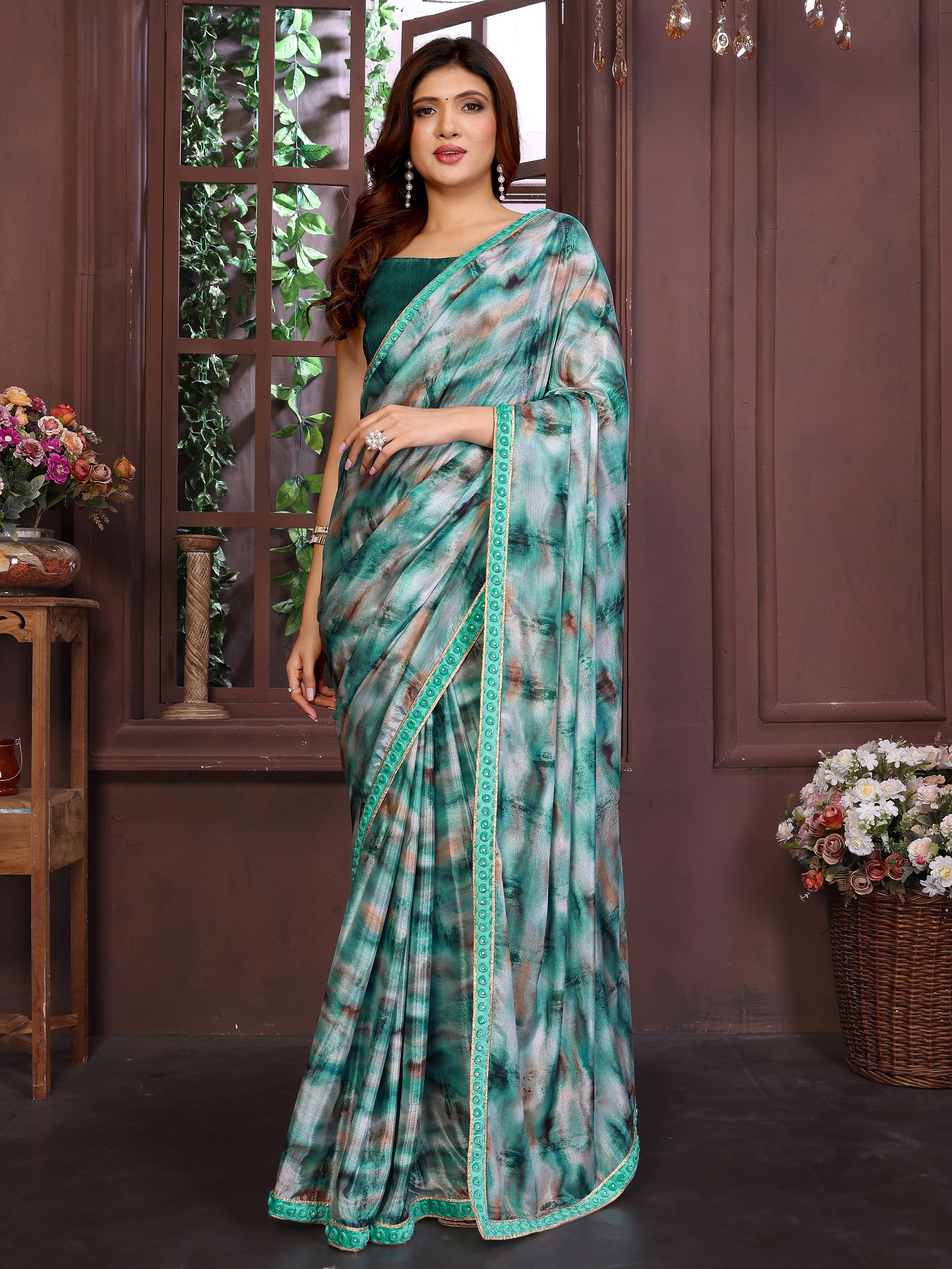 Dark Green digital print ready saree online