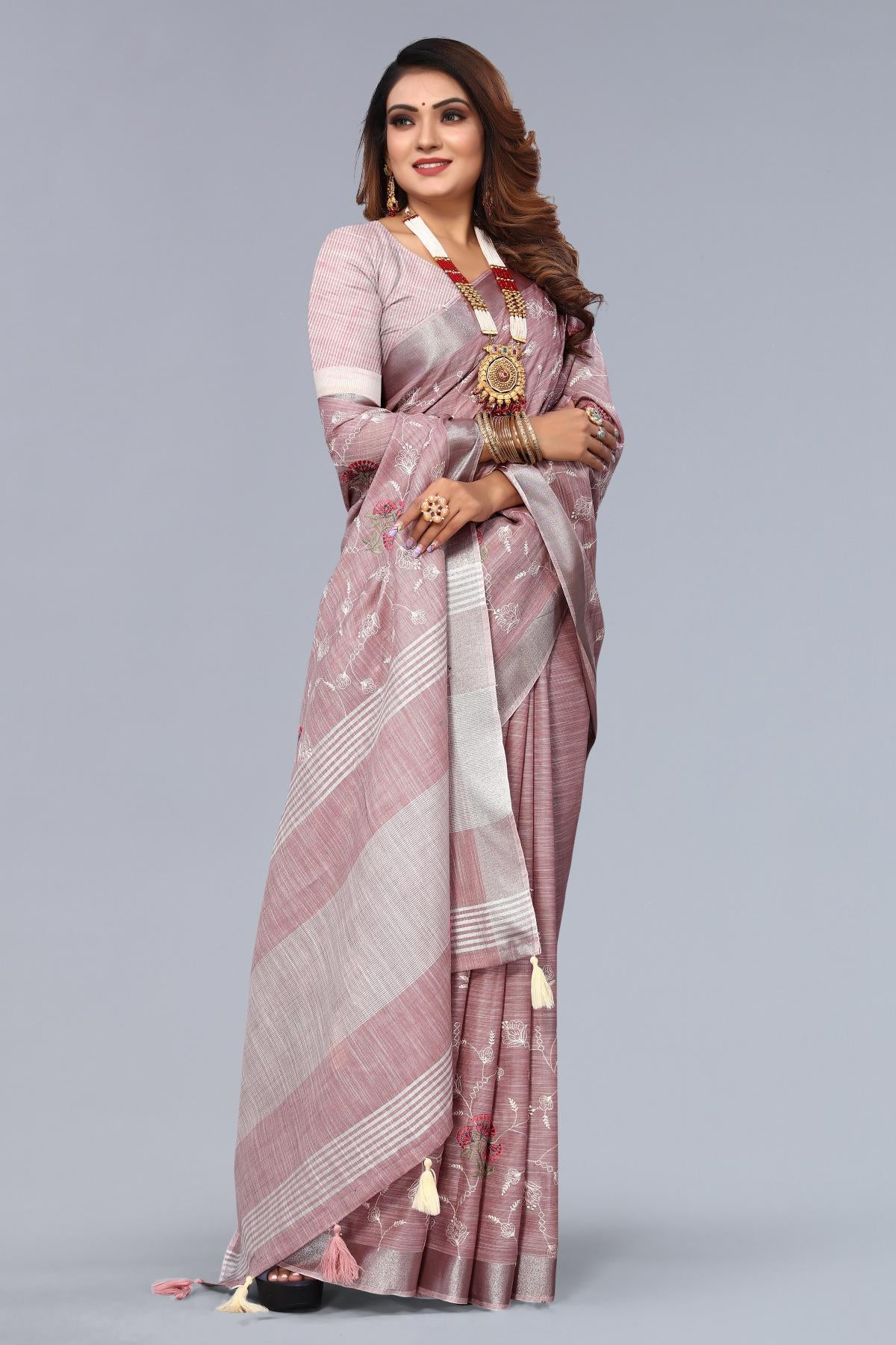 Dark Pink Embroidered Linen Saree