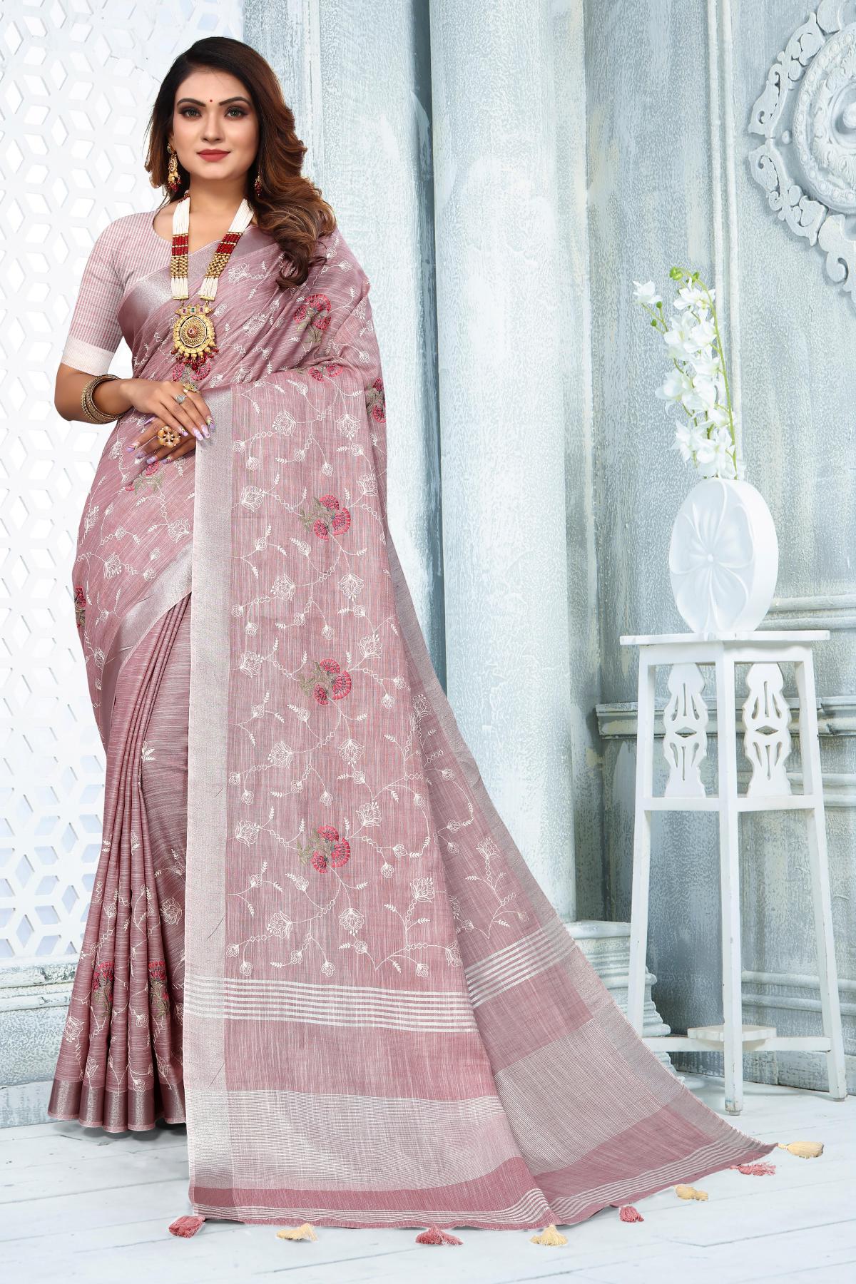 Dark Pink Embroidered Linen Saree or Special Occasion