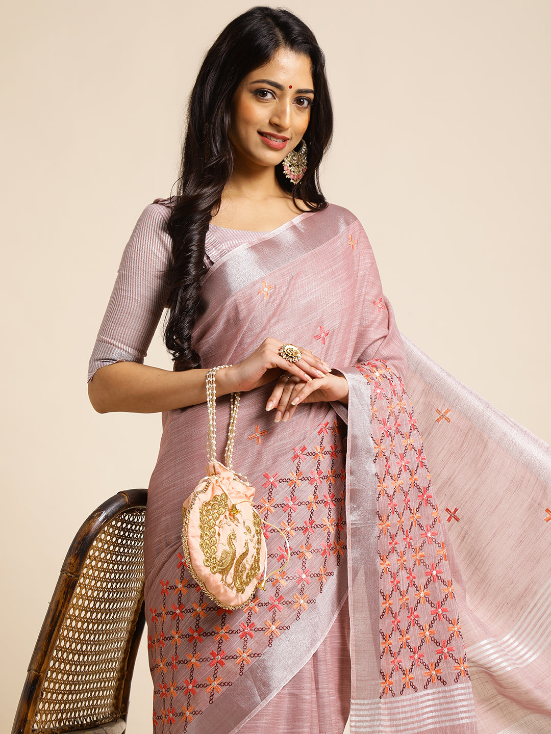 Dark Pink Linen Cotton Embroidery Saree For Reception