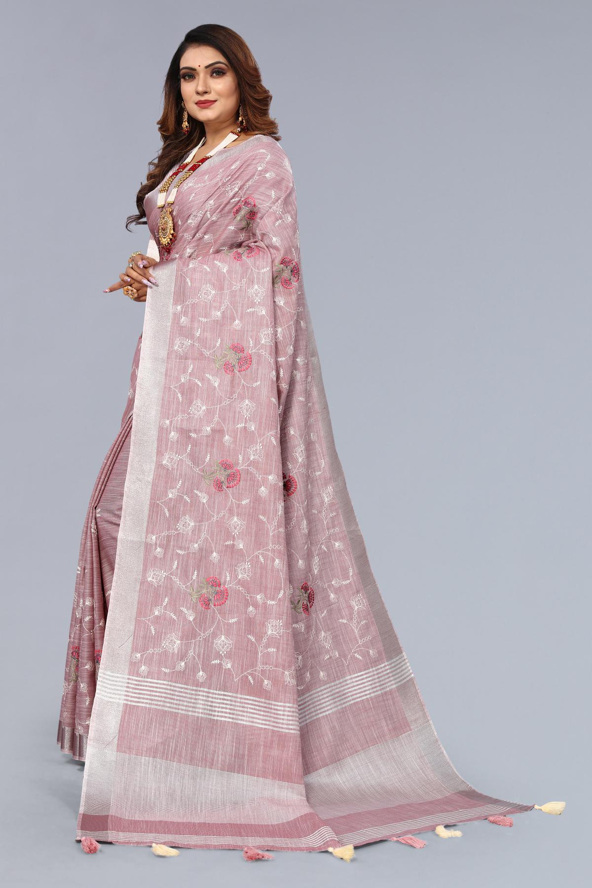 Dark Pink Linen Saree with Embroidery