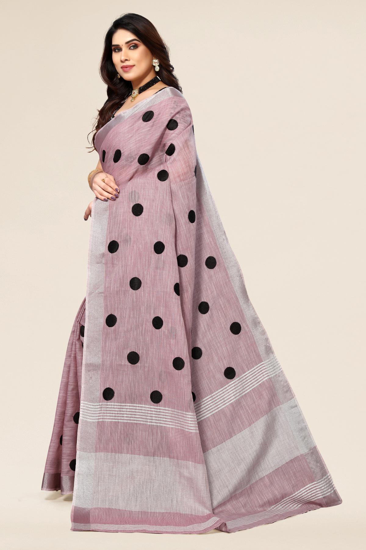 Dark Pink Linen Silk Saree With Polk Dot