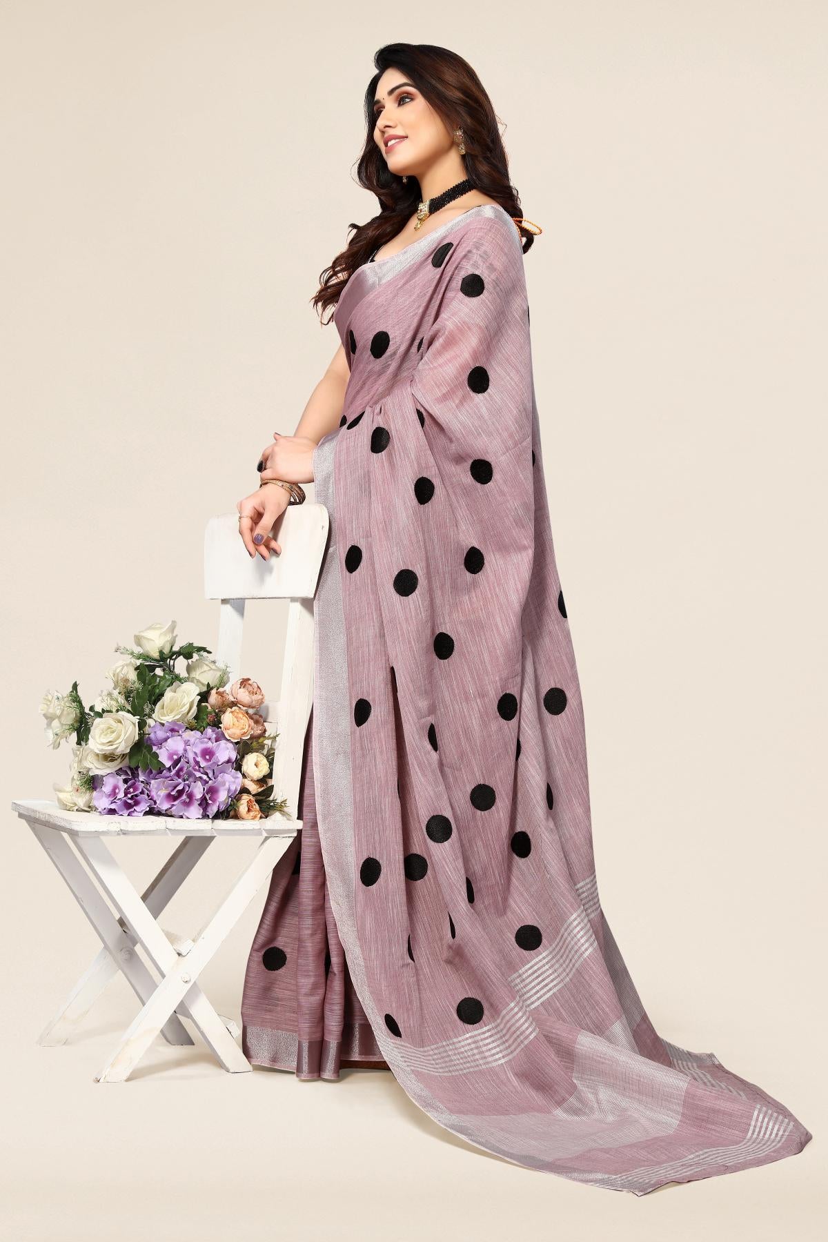 Dark Pink linen saree with embroidered polka design