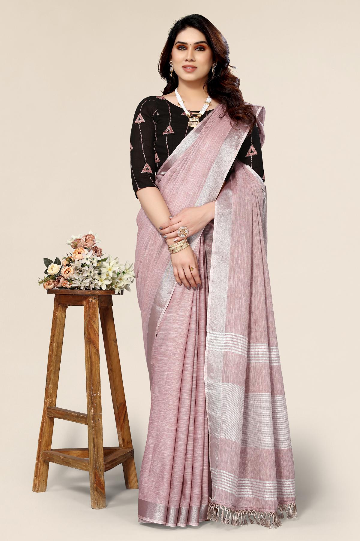 Dark pink linen saree with embroidered blouse