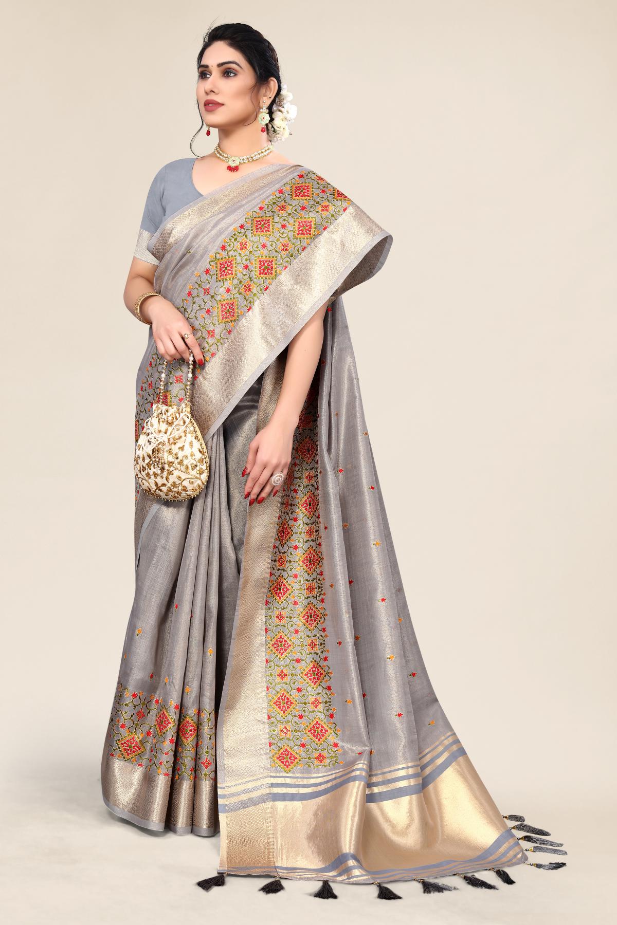 Designer Embroidery Saree In Grey Color