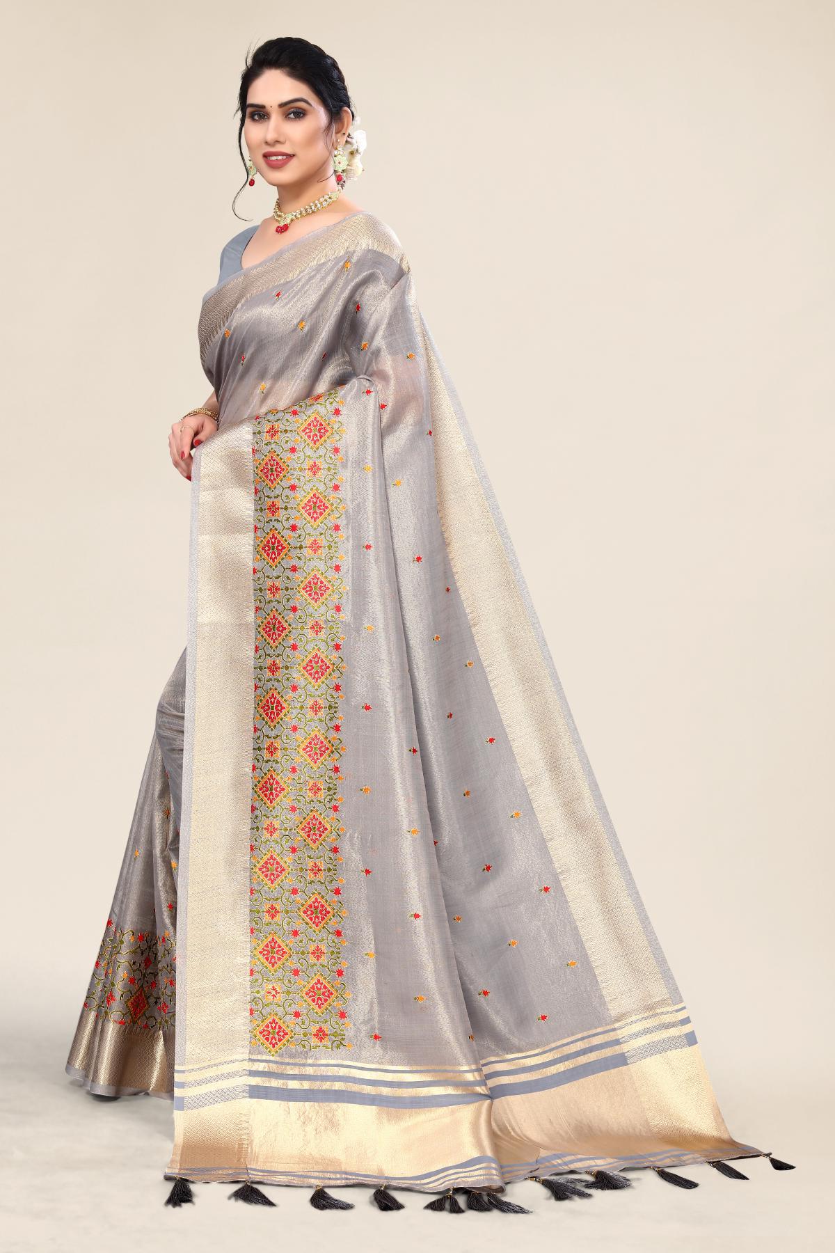 Designer Embroidery Saree In Grey Color 2025