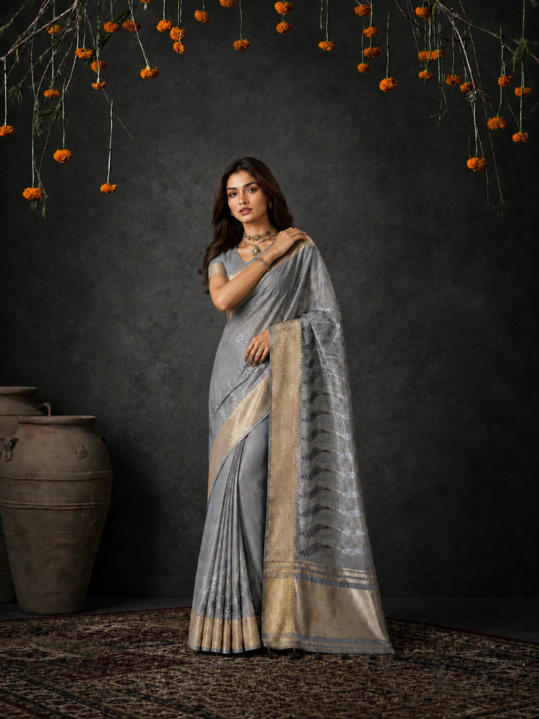 Grey Cotton Silk Embroidery Saree