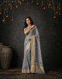Grey Cotton Silk Embroidery Saree