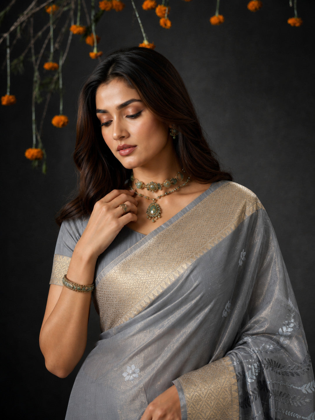Grey Cotton Silk Embroidery Saree