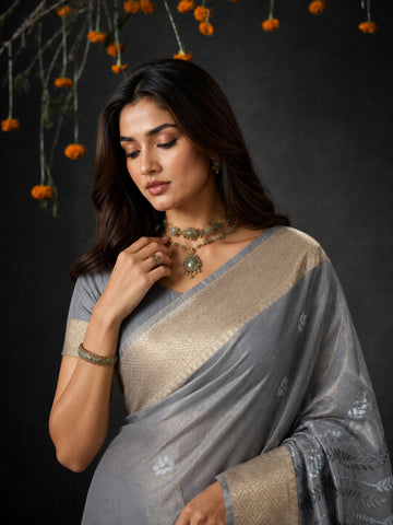 Grey Cotton Silk Embroidery Saree