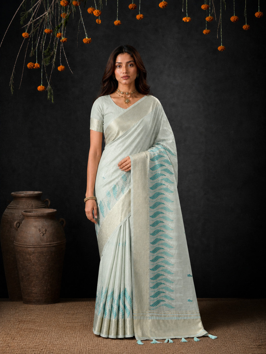 Rama Cotton Silk Embroidery Saree
