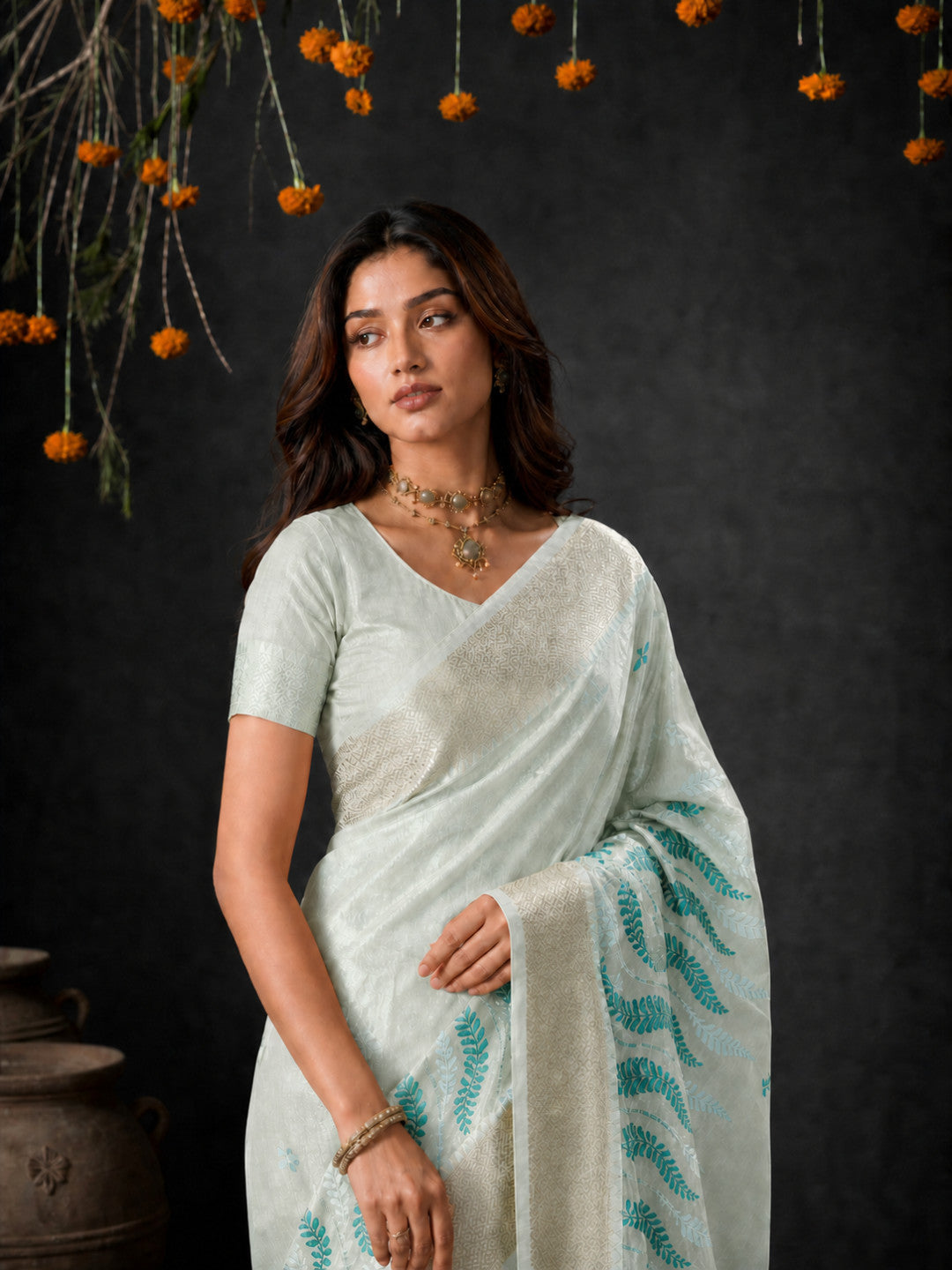 Rama Cotton Silk Embroidery Saree