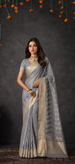 Grey Cotton Silk Embroidery Saree