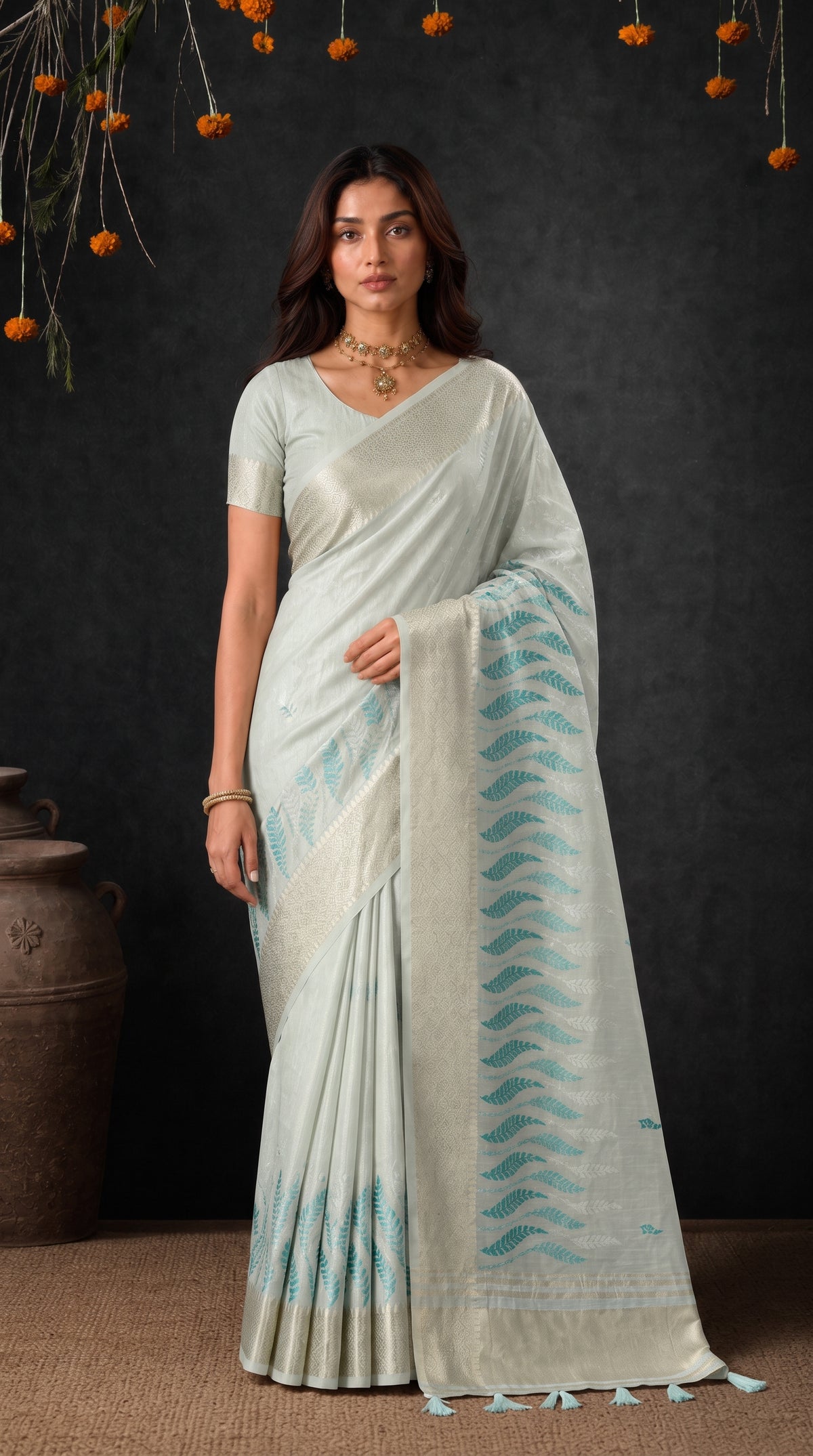 Rama Cotton Silk Embroidery Saree