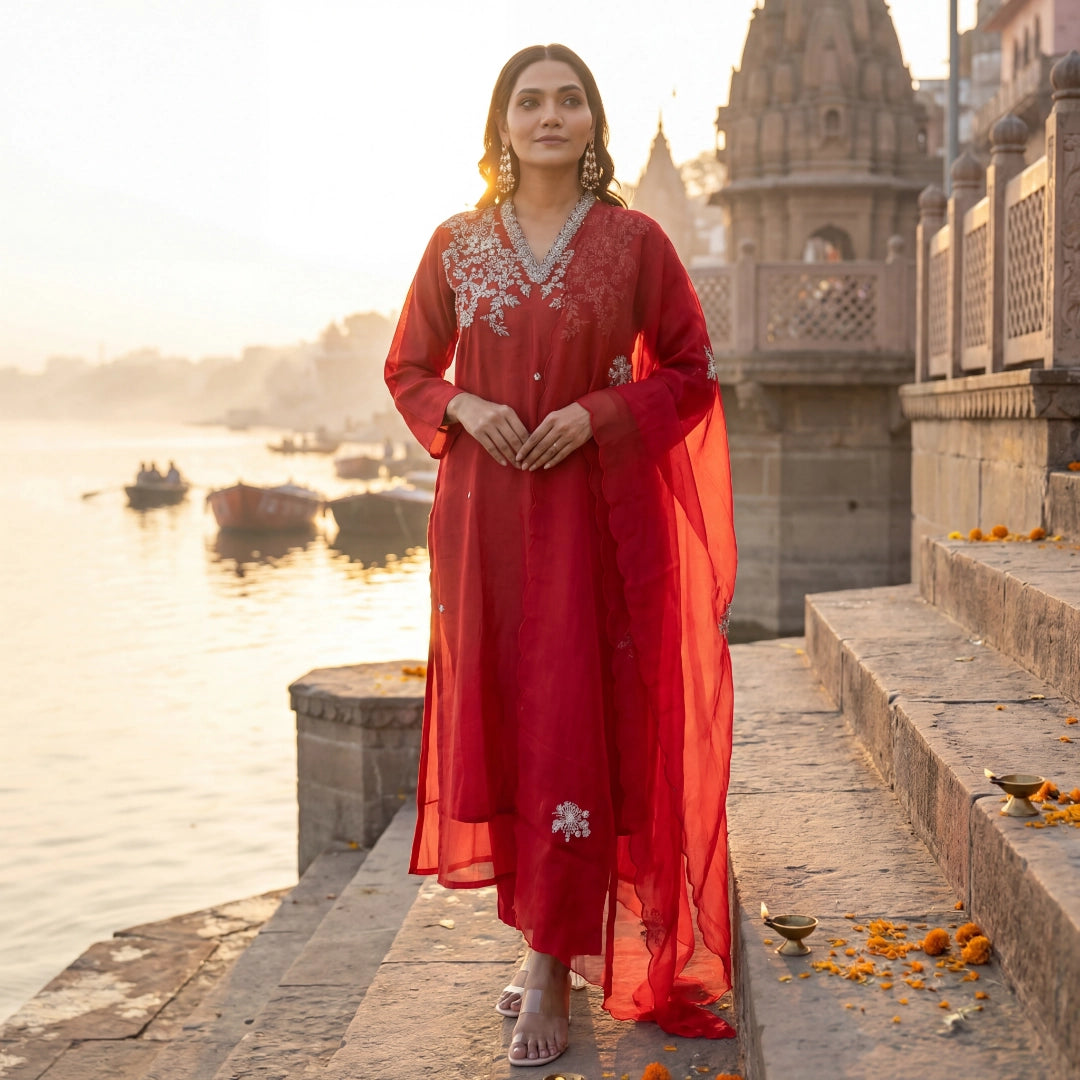 Red Chanderi Silk Floral Stitched Suit Set