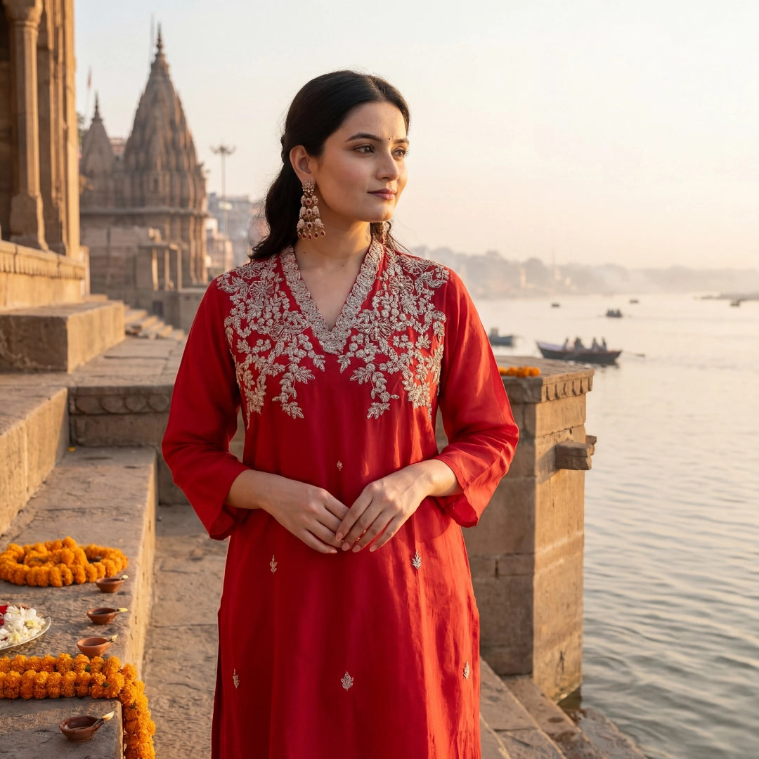 Red Chanderi Silk Floral Stitched Suit Set