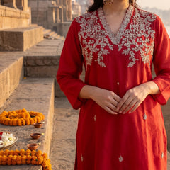Red Chanderi Silk Floral Stitched Suit Set