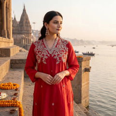 Red Chanderi Silk Floral Stitched Suit Set