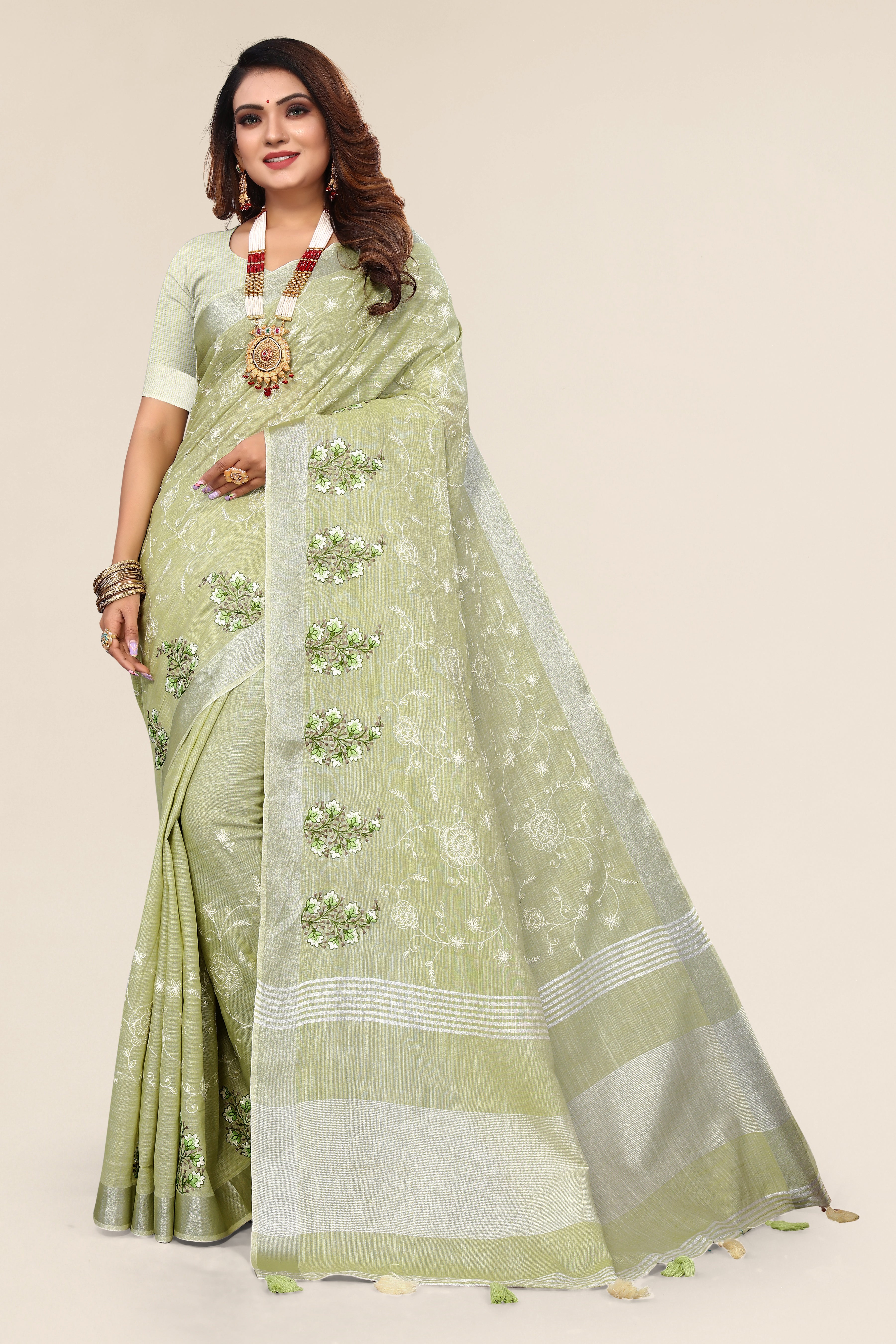 Embroidered linen cotton saree with tassels