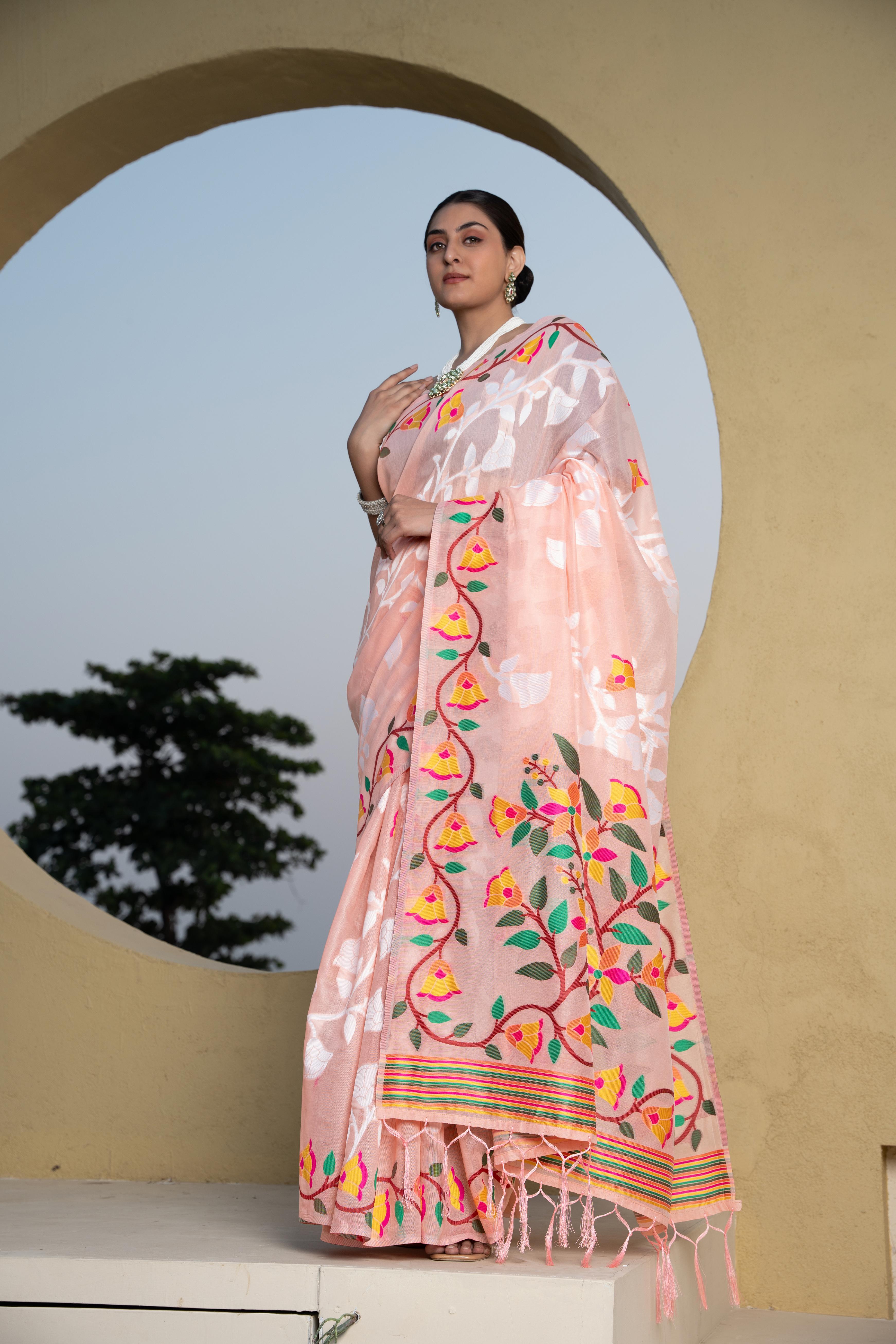 Floral Printed Peach Color Cotton Silk Saree