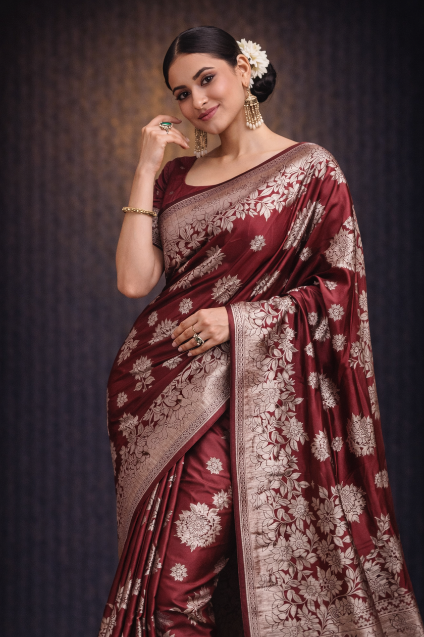 Dark Red Banarasi Silk Gold Zari work Saree