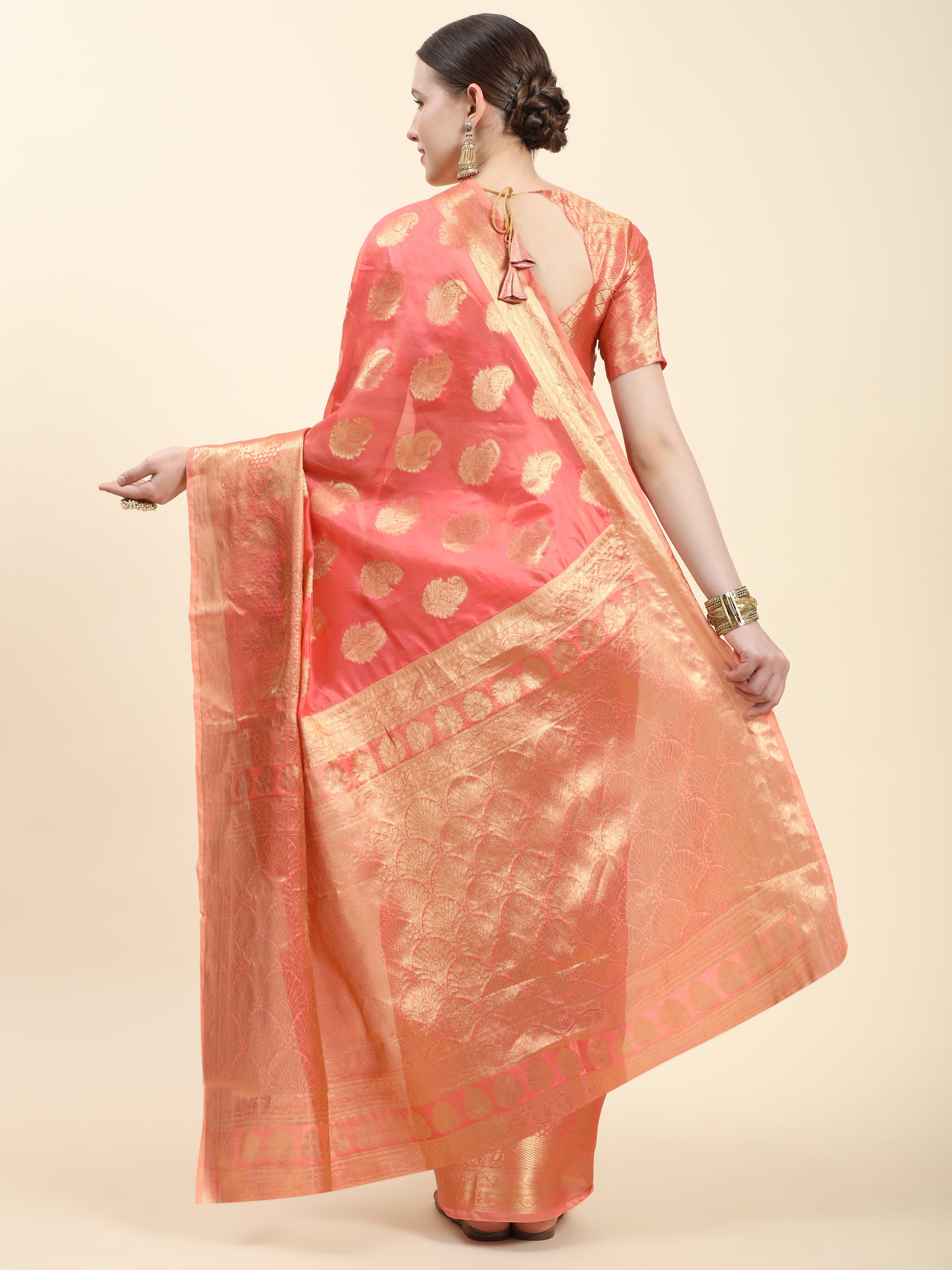 PEACH Colourt Woven Banarasi Design Saree