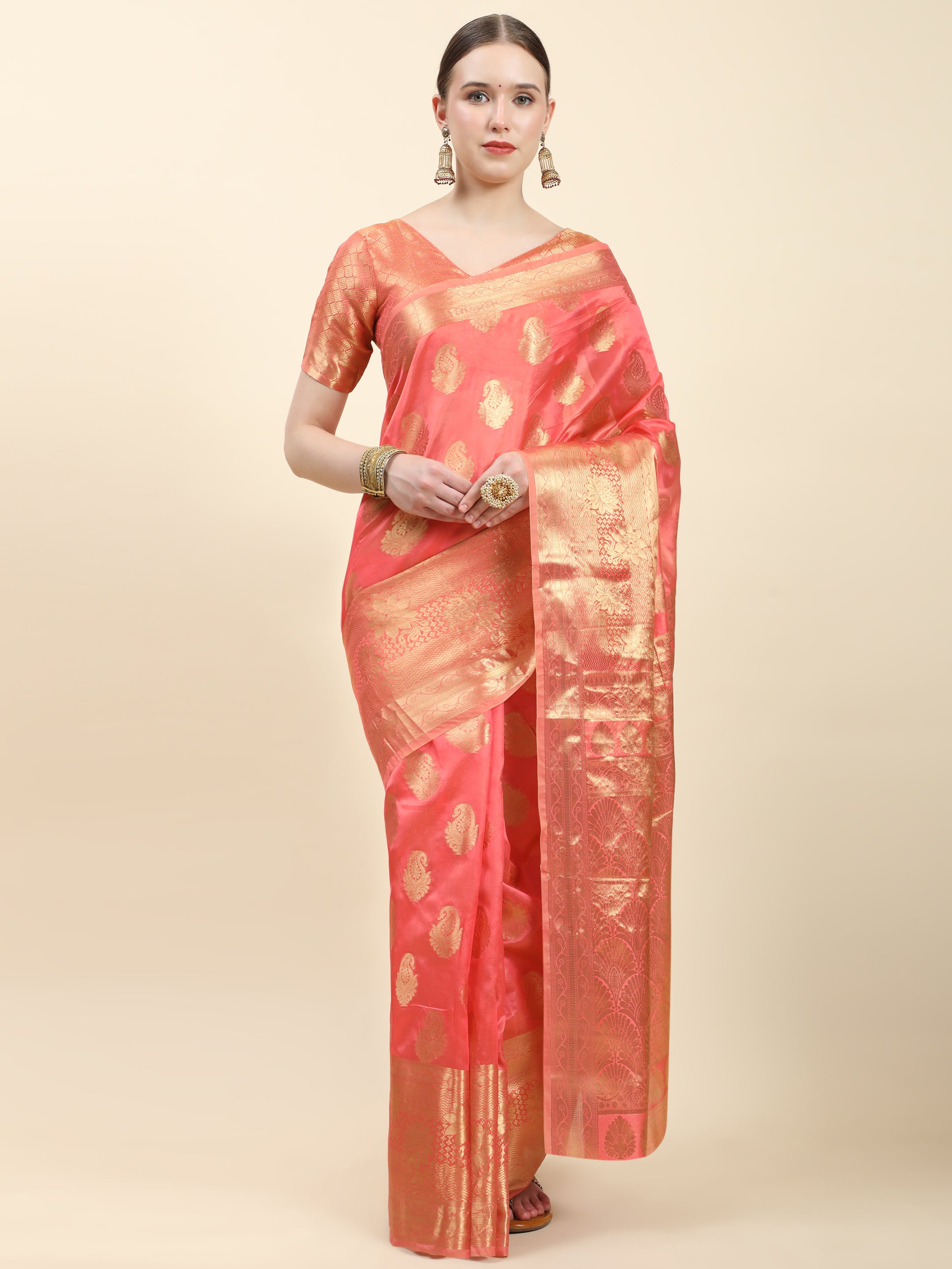 PEACH Colourt Woven Banarasi Design Saree