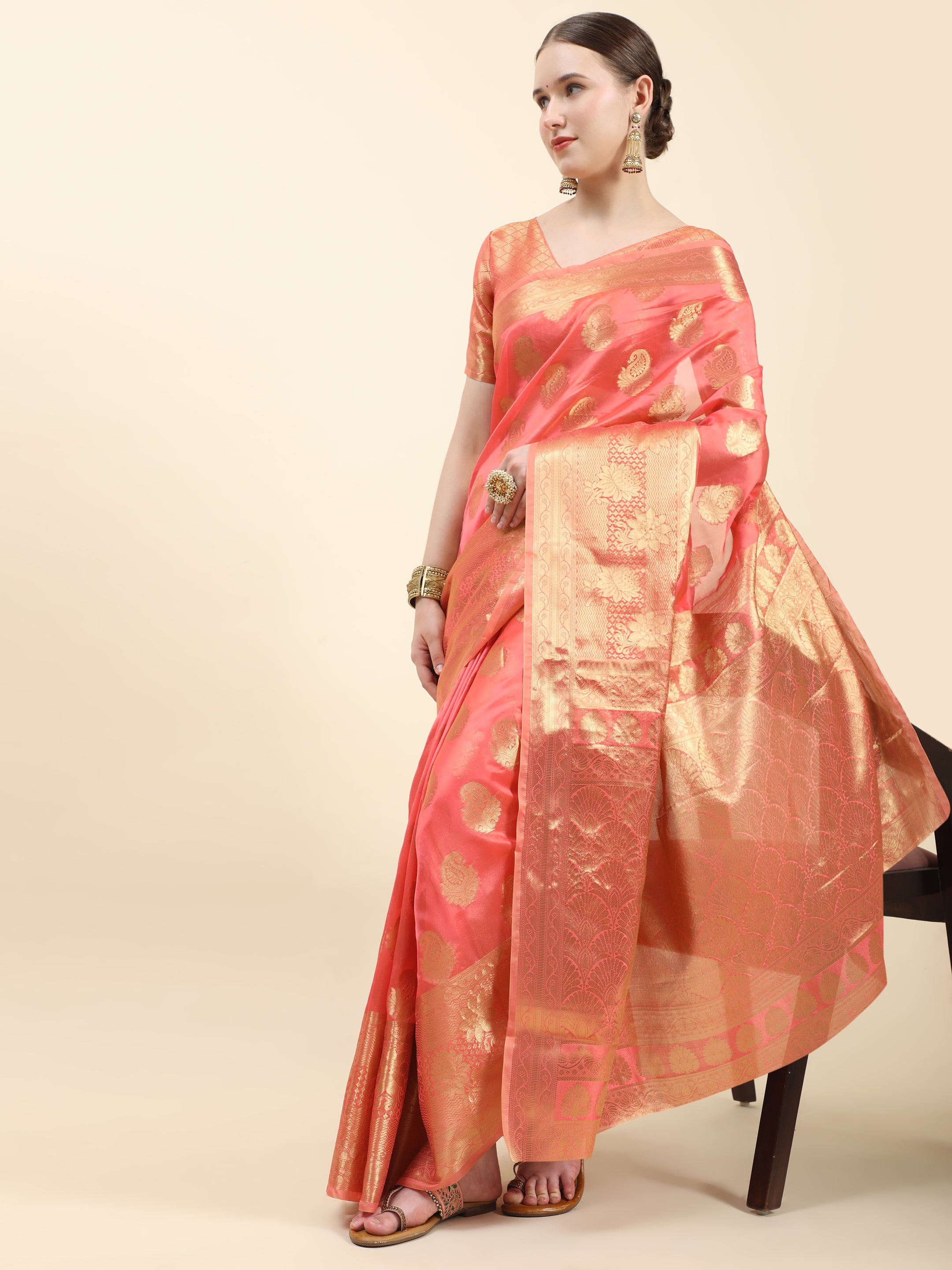 PEACH Colourt Woven Banarasi Design Saree