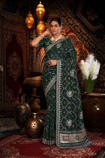 Green Bandhani Pattern Vichitra Silk Saree